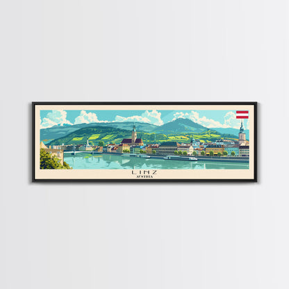 Linz Austria Panoramic Travel Poster, Framed Canvas Print or Metal Wall Art, Travel Art, Home Decor, Panoramic Painting, Midcentury Art
