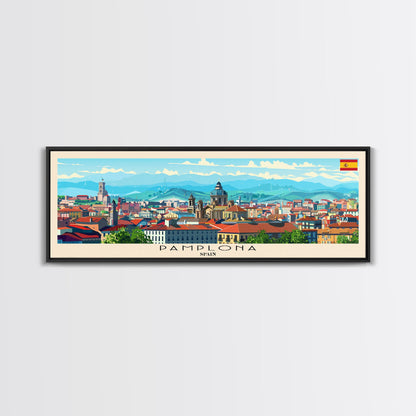 Pamplona Spain Panoramic Travel Poster, Framed Canvas Print or Metal Wall Art, Travel Art, Home Decor, Panoramic Painting, Midcentury Art
