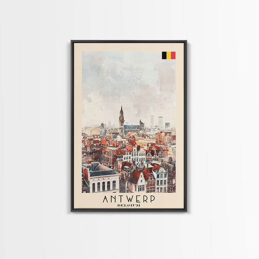 Charming Antwerp Cityscape, Framed Canvas Print, Perfect for Living Room Art, Travel Poster, Minimalist Home Decor, Watercolor Art