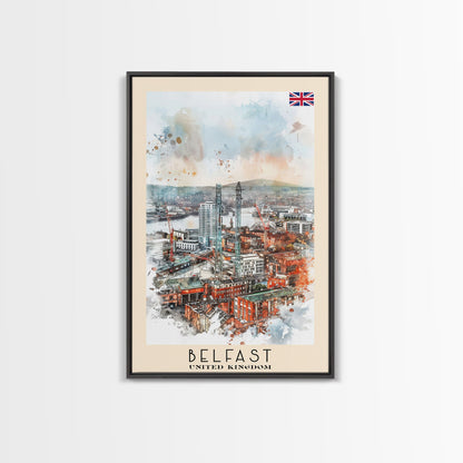 Belfast United Kingdom Travel Poster Framed Canvas Print, Wall Art, Living Room Art, Watercolor Painting, Original Art