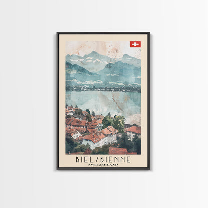 Biel/Bienne Switzerland Travel Poster Framed Canvas Print, Watercolor Painting, Wall Art, Home Decor, Scenic Travel Print