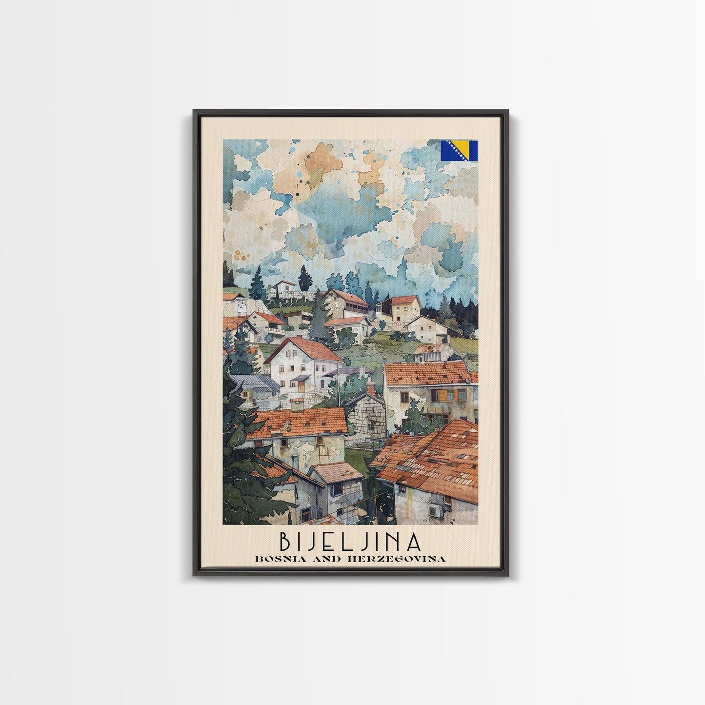 Bijeljina Bosnia and Herzegovina Travel Poster Framed Canvas Print, Watercolor Art, Home Decor, Wall Art, Travel Print
