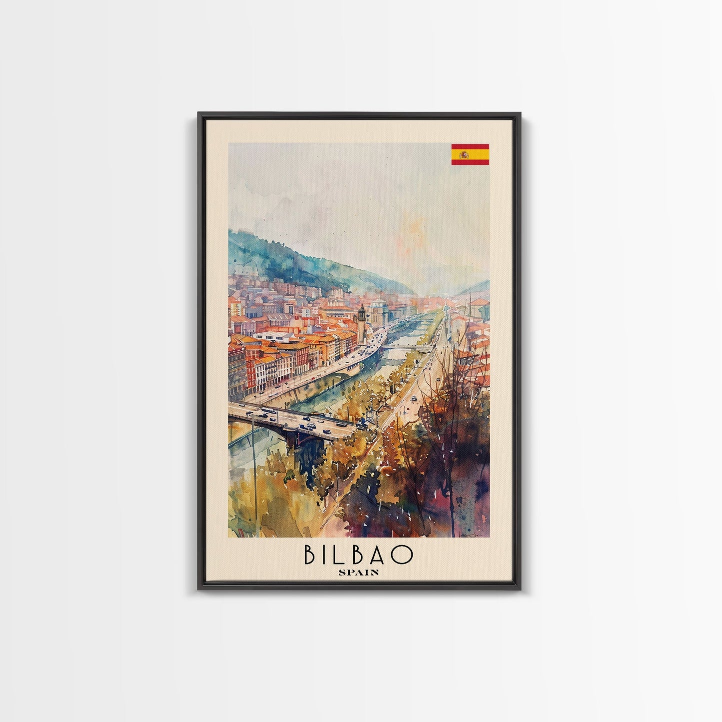 Bilbao Spain Travel Poster Framed Canvas Print, Watercolor Painting, Wall Art, Home Decor, Scenic Travel Print, Cityscape Art