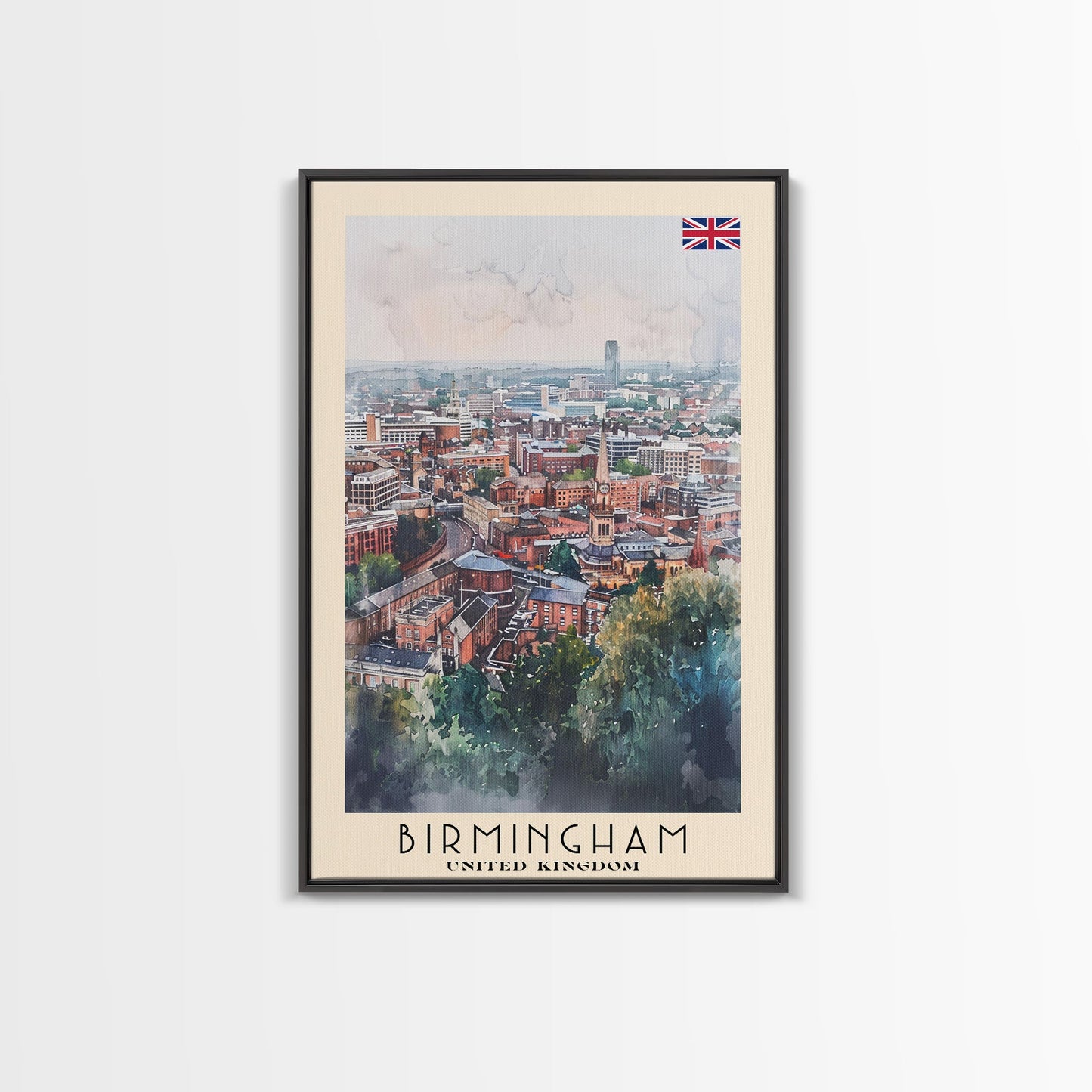 Birmingham United Kingdom Travel Poster Framed Canvas Print, Watercolor Art, Home Decor, Wall Art, Travel Print, Cityscape Art