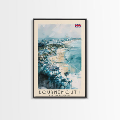 Bournemouth United Kingdom Travel Poster Framed Canvas Print, Wall Art, Home Decor, Travel Print, Beach View, Watercolor Art