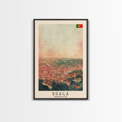 Braga Portugal Travel Poster Framed Canvas Print, Wall Art, Home Decor, Travel Print, Sunset Scene, Boho Art, Original Art