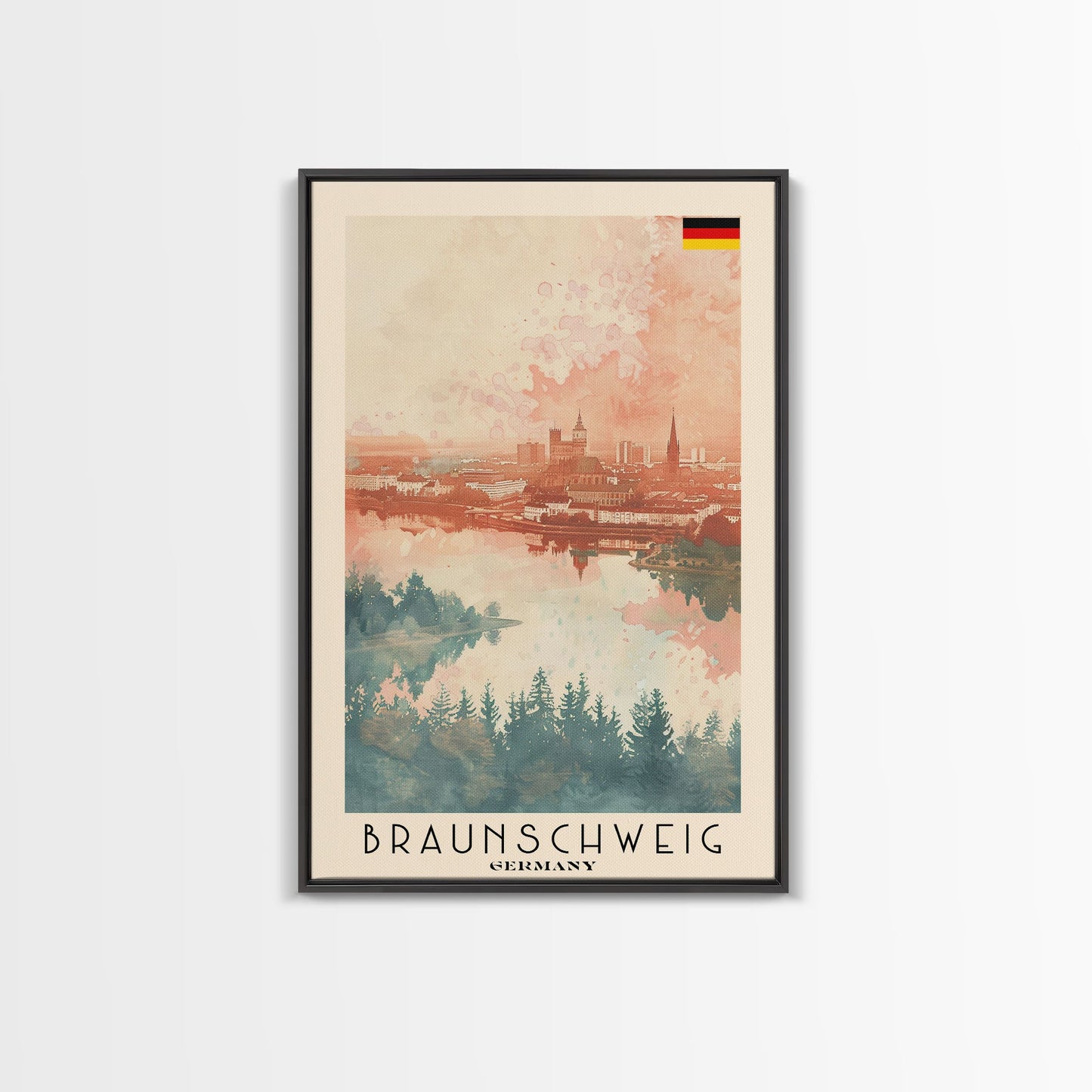 Braunschweig Germany Travel Poster Framed Canvas Print, Cityscape Art, Wall Decor, Travel Print, Watercolor Painting, Urban Scene Art