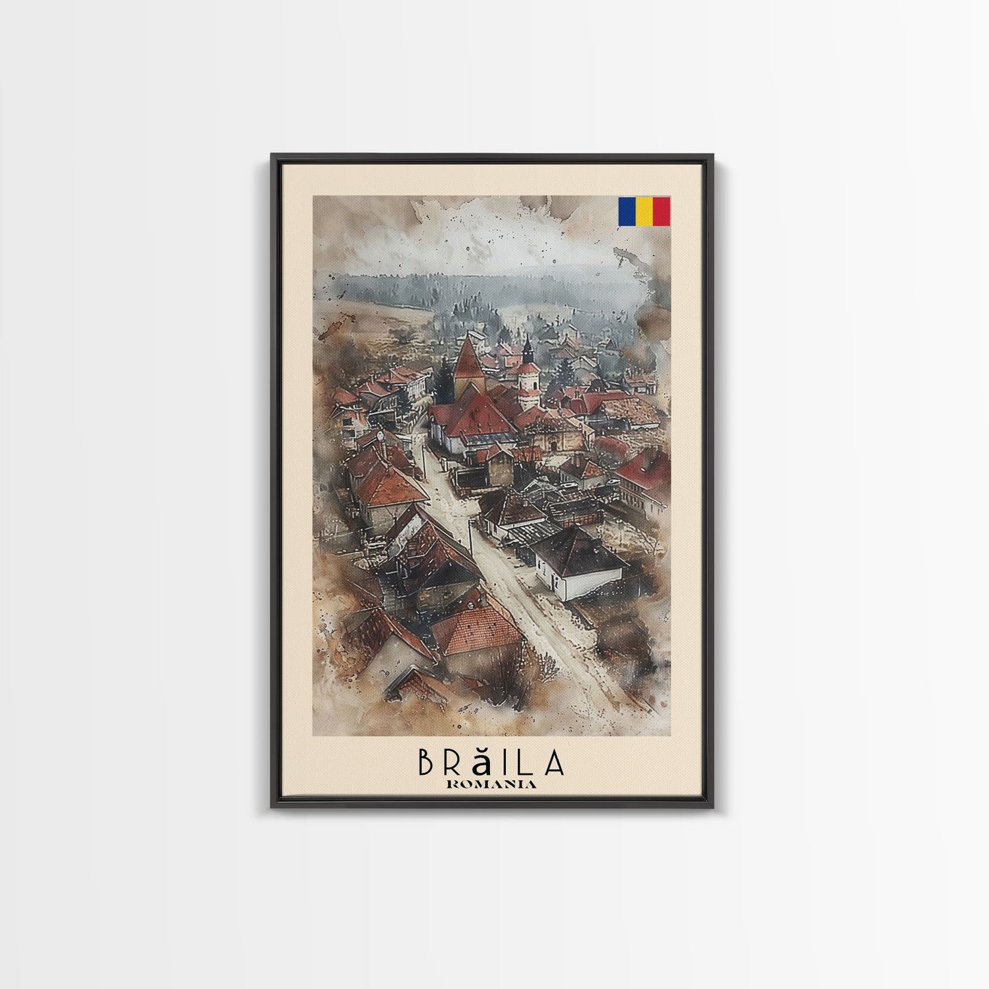 Brăila Romania Travel Poster Framed Canvas Print, Cityscape Art, Wall Decor, Travel Print, Watercolor Painting, Rustic Scene Art