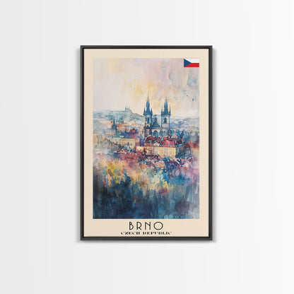 Brno Czech Republic Travel Poster Framed Canvas Print, Cityscape Art, Wall Decor, Travel Print, Watercolor Painting, Boho Style Art