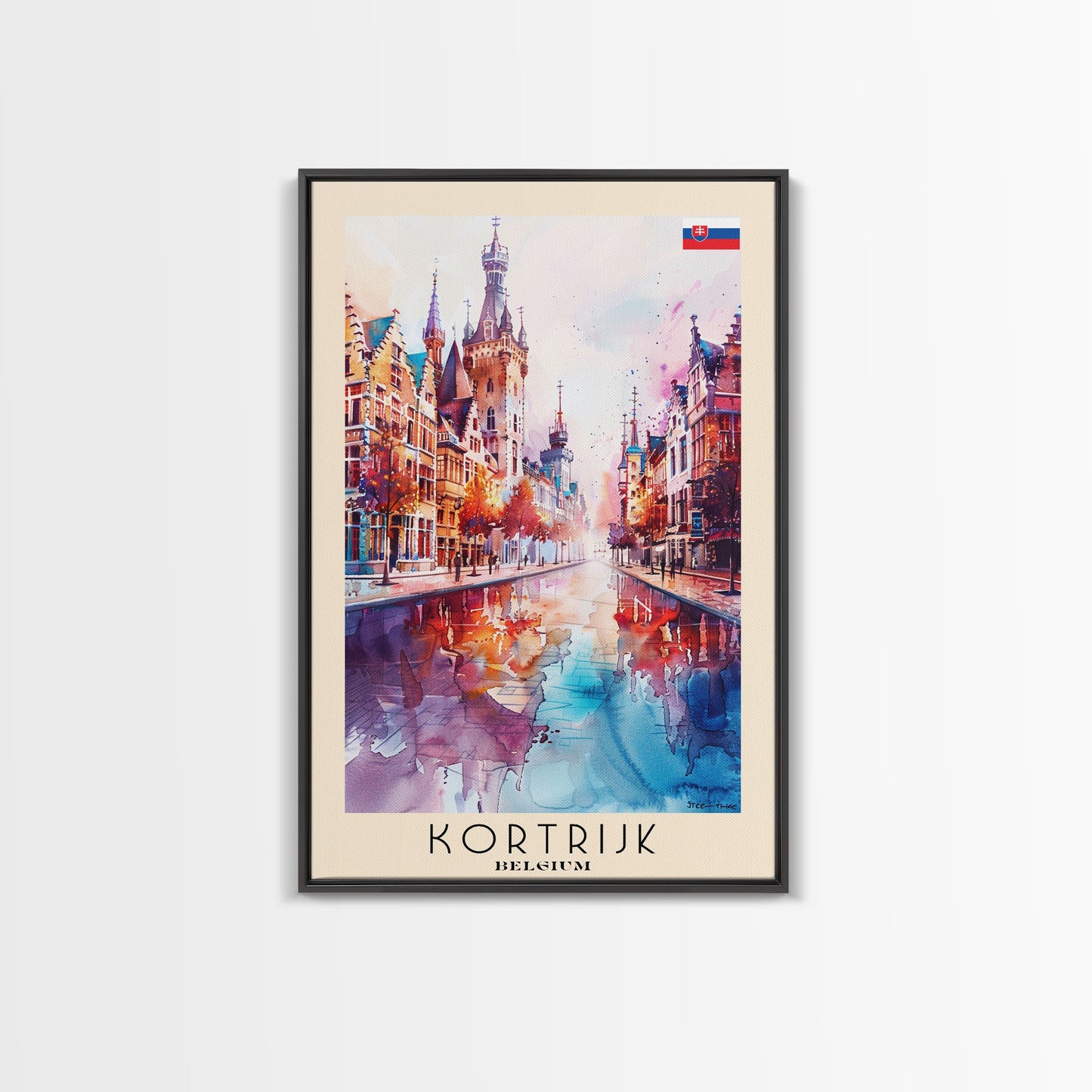 Kortrijk Belgium Charming Cityscape, Framed Canvas Print, Travel Poster, Wall Art, Nursery Decor, Belgian Urban Scene, Charming City Artwork