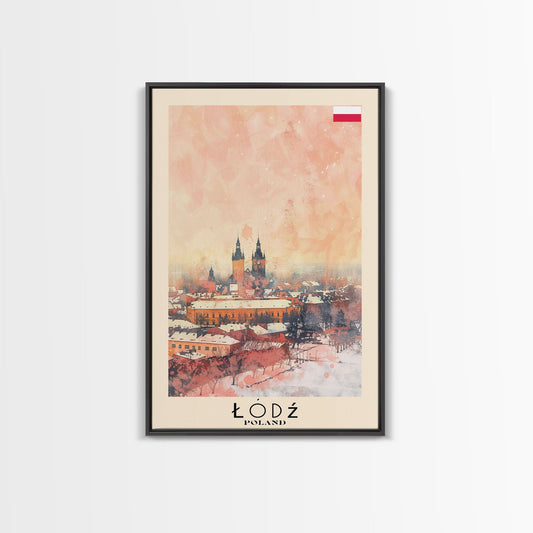 Lodz Poland Travel Poster Framed Canvas Print, Historic Cityscape, Watercolor Painting, Wall Art, Home Decor, Travel Print, Artistic Gift