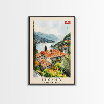 Lugano Switzerland Travel Poster Framed Canvas Print, Lakeside Cityscape, Watercolor Painting, Wall Art, Home Decoration, Travel Print, Artistic Gift