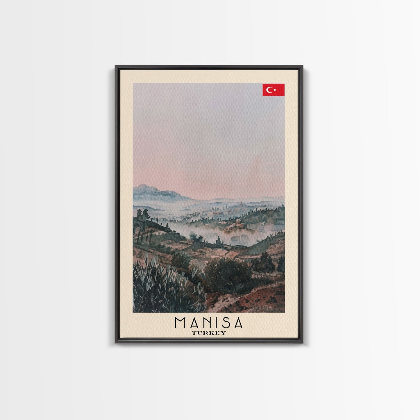 Manisa Turkey Travel Poster Framed Canvas Print, Scenic Landscape, Watercolor Art, Wall Decoration, Home Design, Travel Print, Unique Art