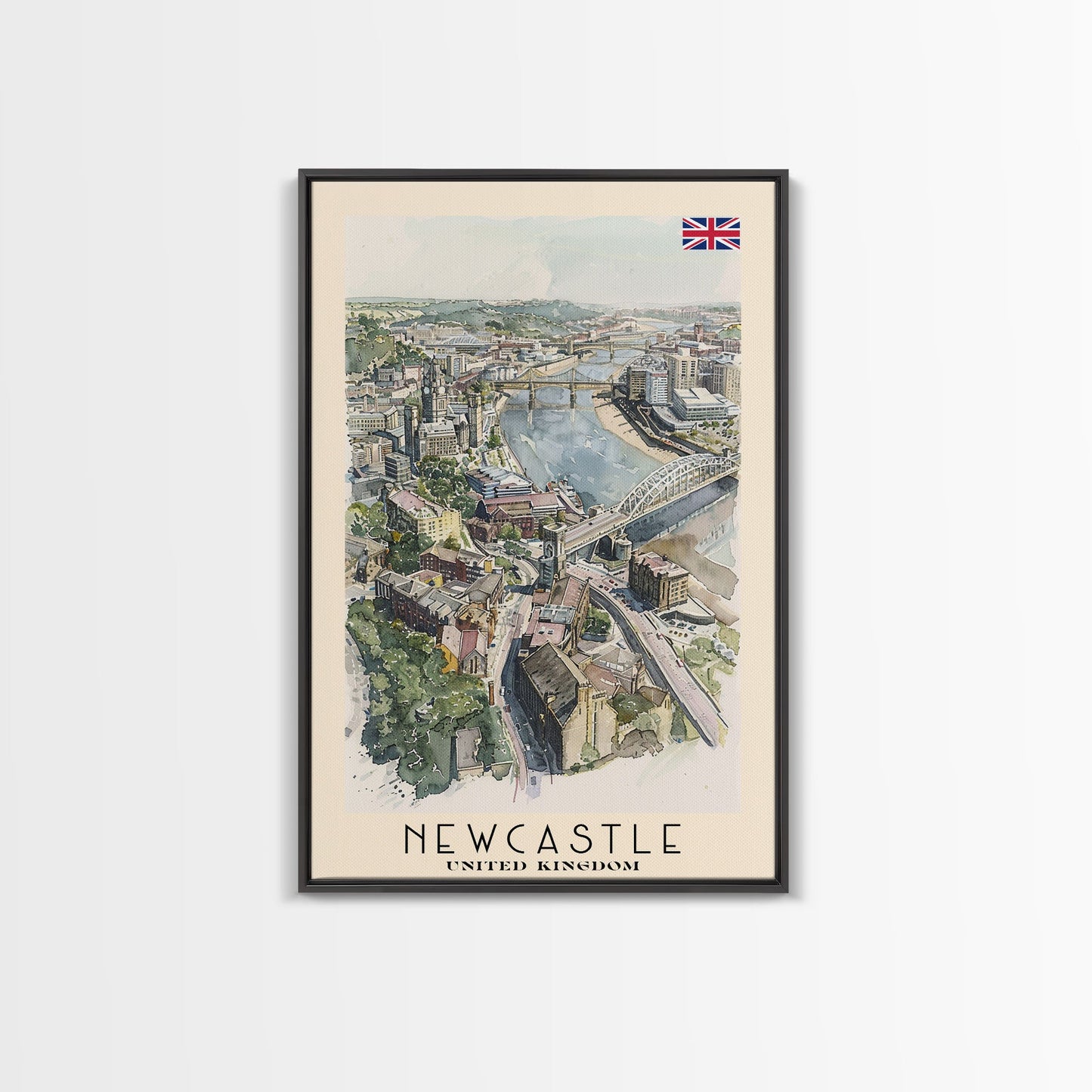 Newcastle United Kingdom Framed Canvas Print, Urban Travel Poster, Watercolor Painting, Cityscape Wall Art, Home Decor, Unique Art