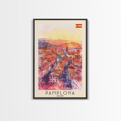 Pamplona Spain Travel Poster Framed Canvas Print, Watercolor Painting, Urban Wall Art, Home Decor, Spanish Architecture, Classic Art