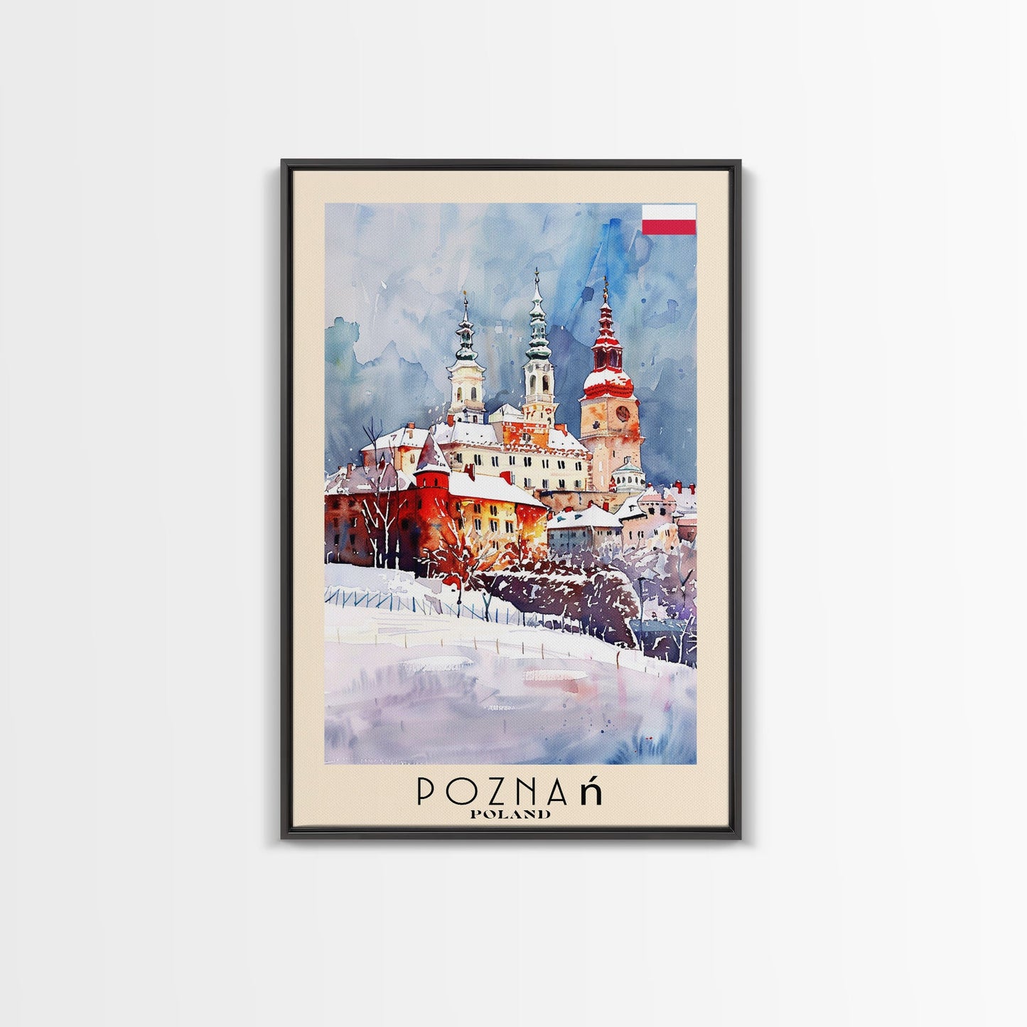 Poznan Poland Travel Poster Framed Canvas Print, Watercolor Painting, Scenic Wall Art, Home Decor, Polish Cityscape, Modern Art