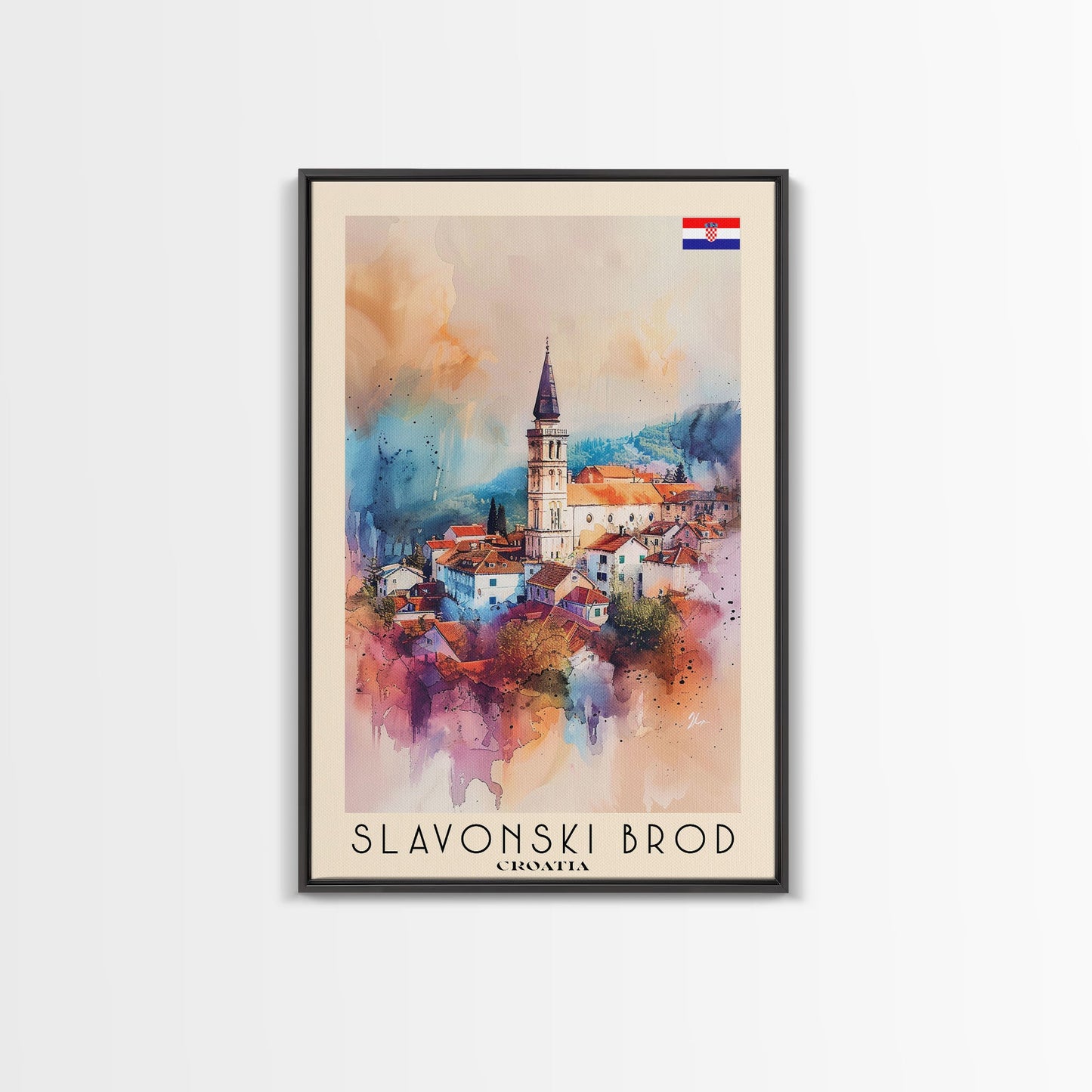 Slavonski Brod Croatia Travel Poster Framed Canvas Print, Watercolor Painting, Scenic Wall Art, Home Decor, Croatian Cityscape, Classic Art