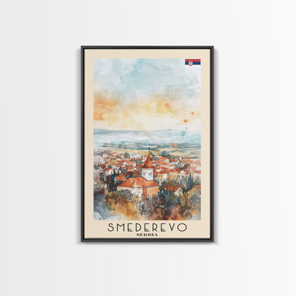 Smederevo Serbia Travel Poster Framed Canvas Print, Watercolor Painting, Scenic Wall Art, Home Decor, Serbian Cityscape, Modern Art