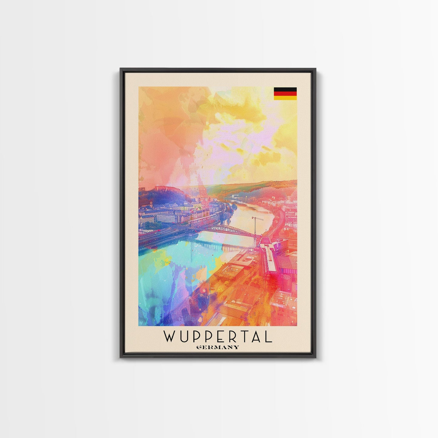 Wuppertal Germany Travel Poster Framed Canvas Print, Watercolor Painting, Urban Wall Art, Home Decor, German Cityscape, Artistic Gift