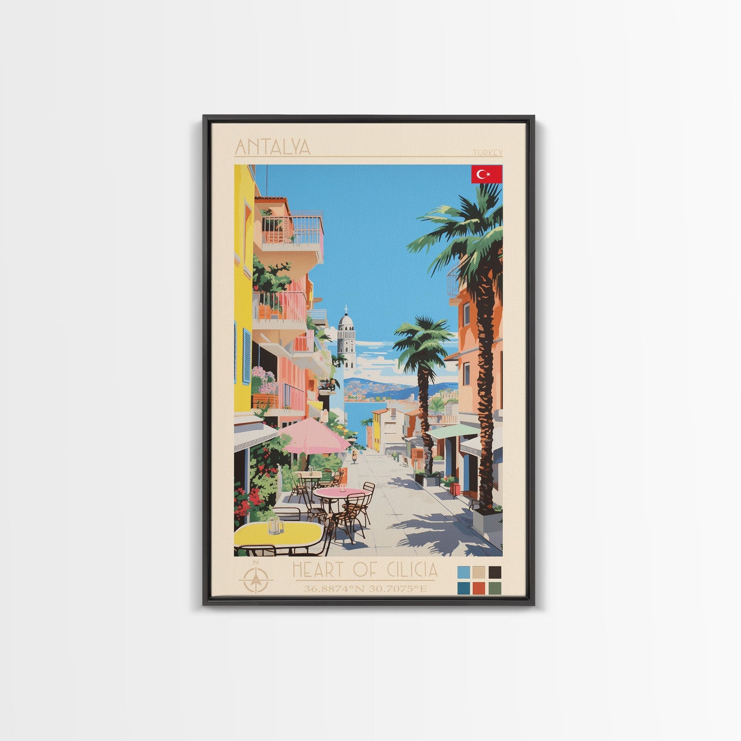 Antalya Turkey Travel Poster Framed Canvas Print, Midcentury Modern Art, Pop Art Wall Decor, Home Decor, Vacation Gift, Living Room Art