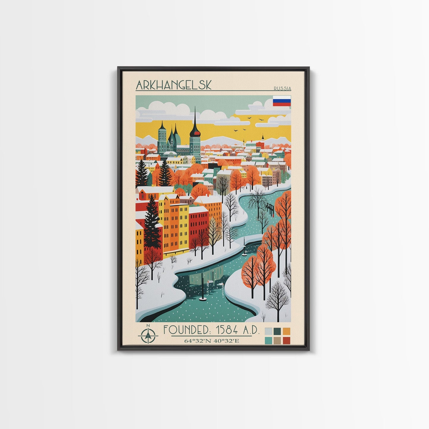 Arkhangelsk Russia Travel Poster Framed Canvas Print, Midcentury Modern Art, Pop Art Wall Decor, Home Decor, Vacation Gift, Living Room Art