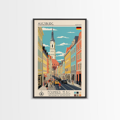 Augsburg Germany Travel Poster Framed Canvas Print, Midcentury Modern Art, Pop Art Wall Decor, Home Decor, Vacation Gift, Living Room Art