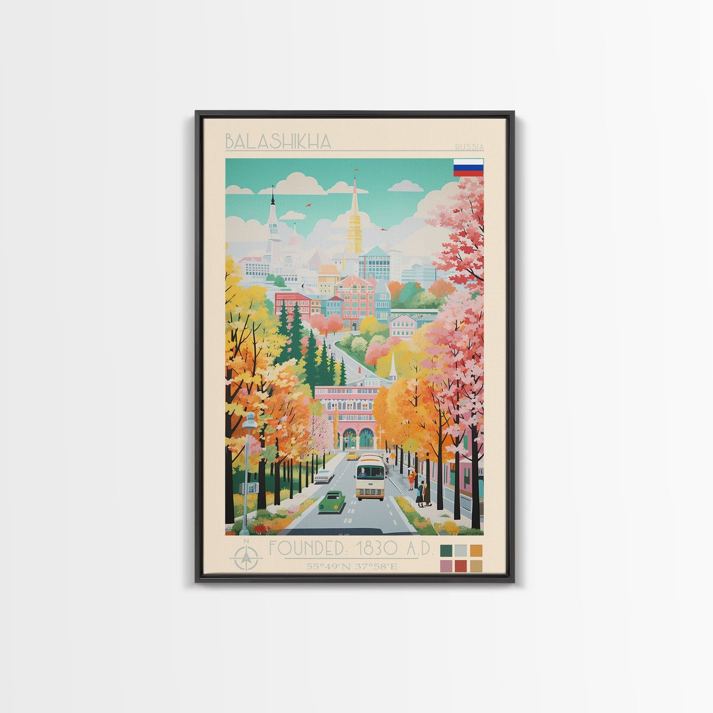 Balashikha Russia Travel Poster Framed Canvas Print, Midcentury Modern Art, Pop Art Wall Decor, Home Decor, Vacation Gift, Living Room Art
