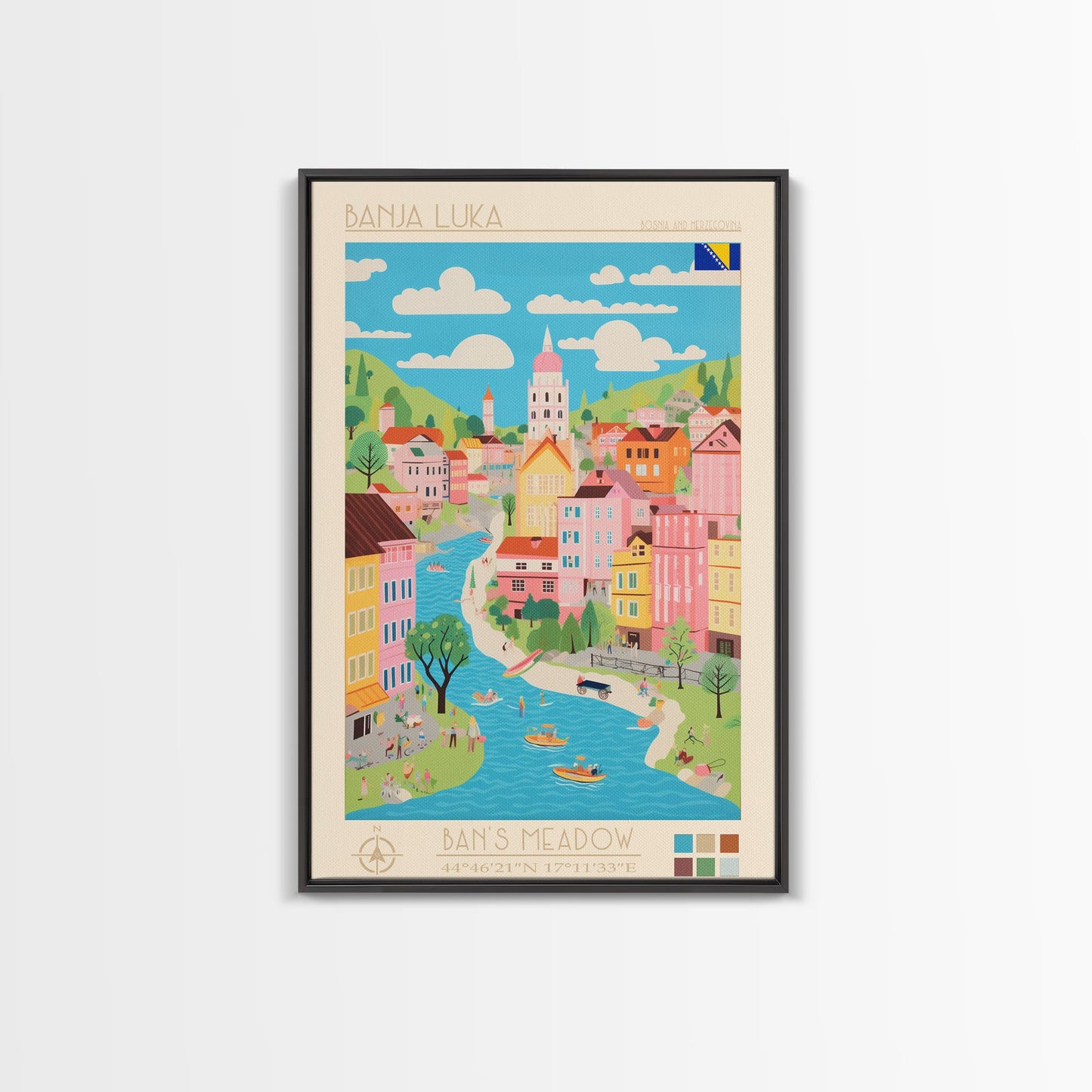 Banja Luka Bosnia Travel Poster Framed Canvas Print, Midcentury Modern Art, Pop Art Wall Decor, Home Decor, Vacation Gift, Living Room Art