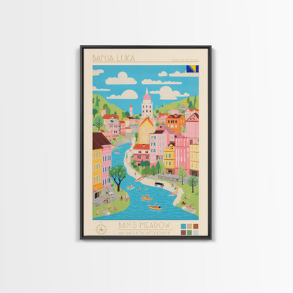 Banja Luka Bosnia Travel Poster Framed Canvas Print, Midcentury Modern Art, Pop Art Wall Decor, Home Decor, Vacation Gift, Living Room Art