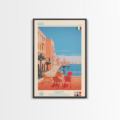 Bari Italy Travel Poster Framed Canvas Print, Midcentury Modern Art, Pop Art Wall Decor, Home Decor, Vacation Gift, Living Room Art