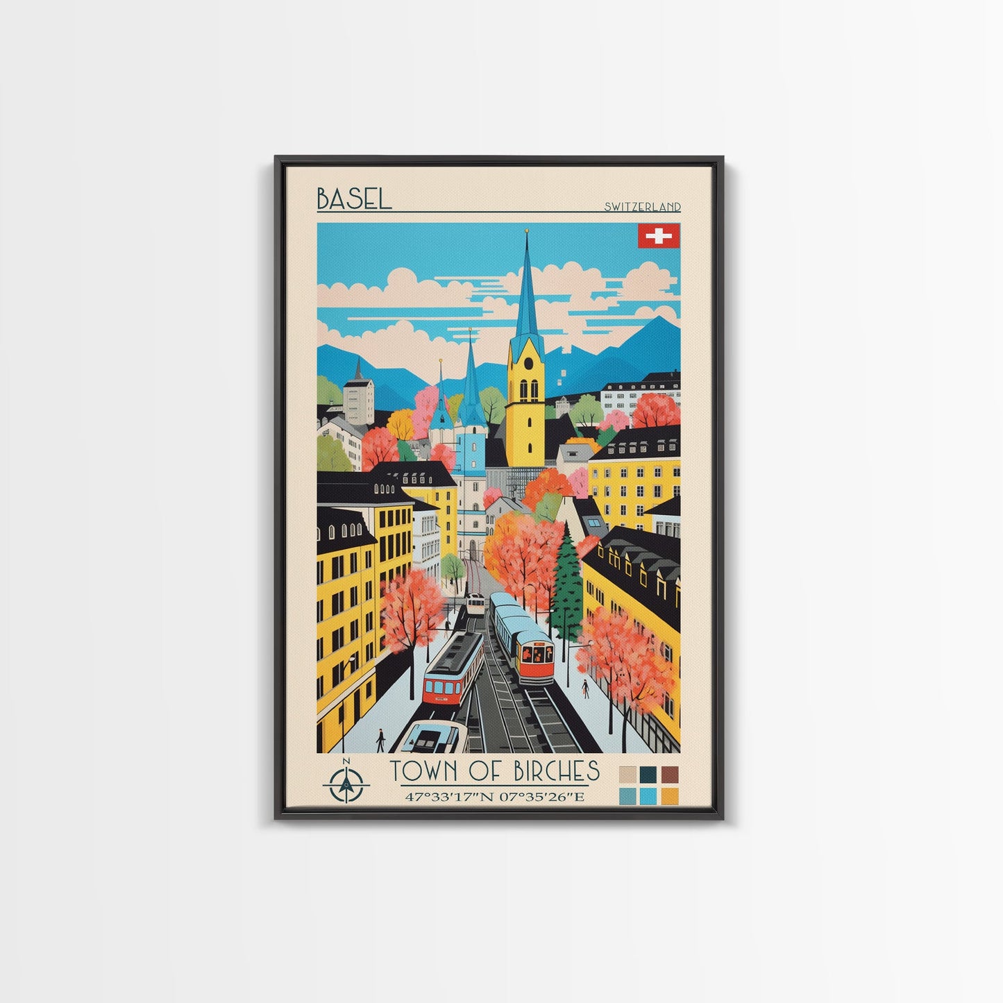 Basel Switzerland Travel Poster Framed Canvas Print, Midcentury Modern Art, Pop Art Wall Decor, Home Decor, Vacation Gift, Living Room Art