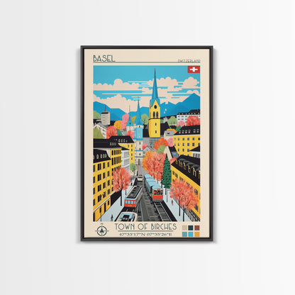 Basel Switzerland Travel Poster Framed Canvas Print, Midcentury Modern Art, Pop Art Wall Decor, Home Decor, Vacation Gift, Living Room Art