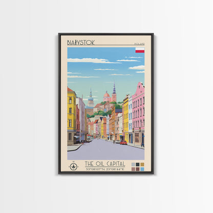 Białystok Poland Travel Poster Framed Canvas Print, Midcentury Modern Art, Pop Art Wall Decor, Home Decor, Vacation Gift, Living Room Art