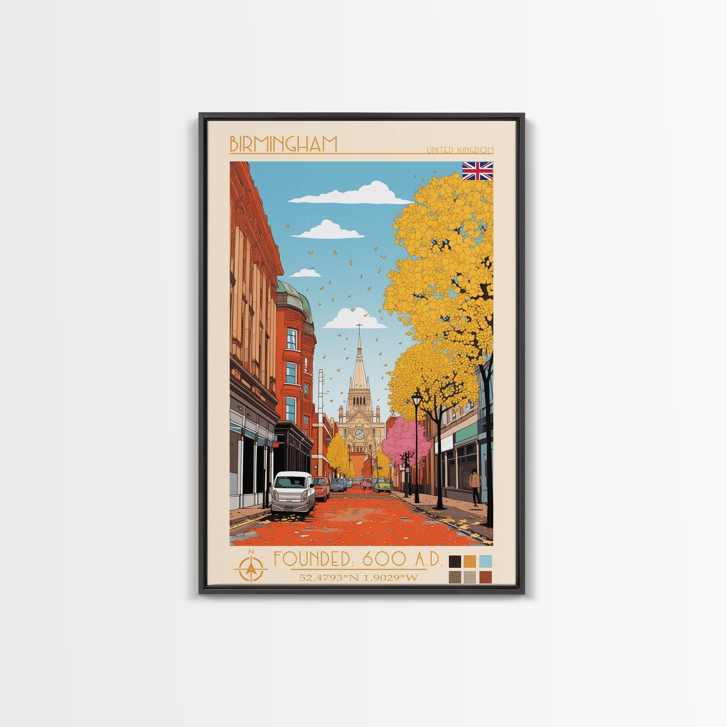 Birmingham UK Travel Poster Framed Canvas Print, Midcentury Modern Art, Pop Art Wall Decor, Home Decor, Living Room Decoration