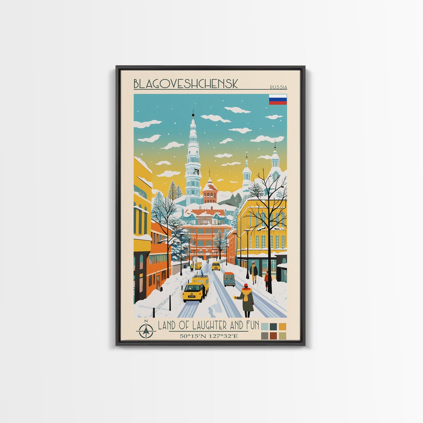 Blagoveshchensk Russia Travel Poster Framed Canvas Print, Midcentury Modern Art, Pop Art Home Decor, Scenic Wall Art, Unique Gift