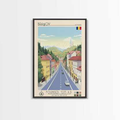Brașov Romania Travel Poster Framed Canvas Print, Midcentury Modern Art, Pop Art Wall Decor, Home Decor, Vacation Gift, Living Room Art