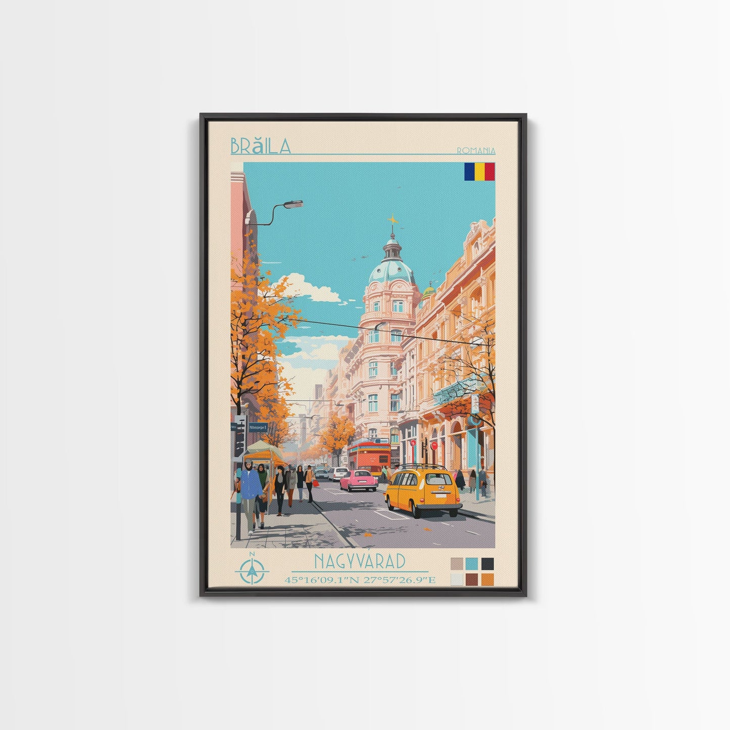 Brăila Romania Travel Poster Framed Canvas Print, Midcentury Modern Art, Pop Art Wall Decor, Home Decor, Vacation Gift, Living Room Art