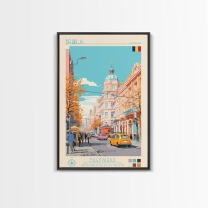 Brăila Romania Travel Poster Framed Canvas Print, Midcentury Modern Art, Pop Art Wall Decor, Home Decor, Vacation Gift, Living Room Art