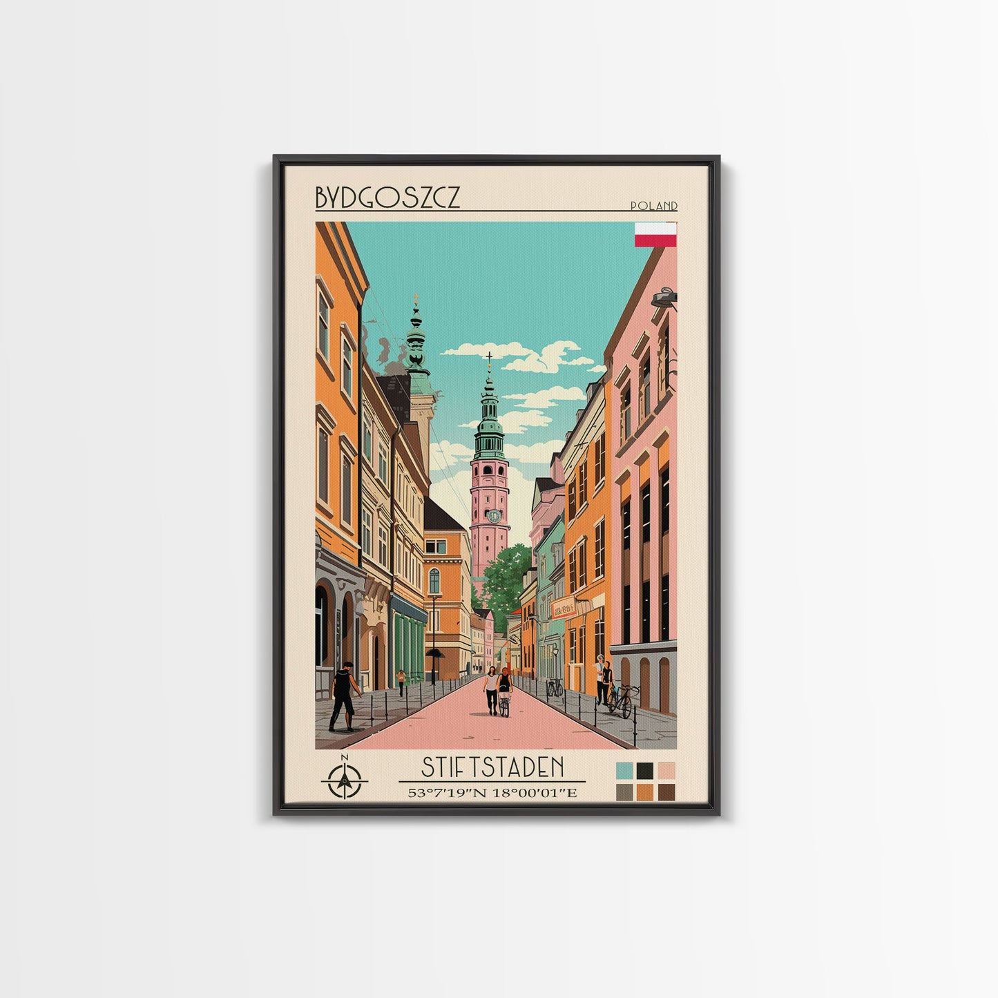 Bydgoszcz Poland Travel Poster Framed Canvas Print, Midcentury Modern Art, Pop Art Wall Decor, Home Decor, Vacation Gift, Living Room Art