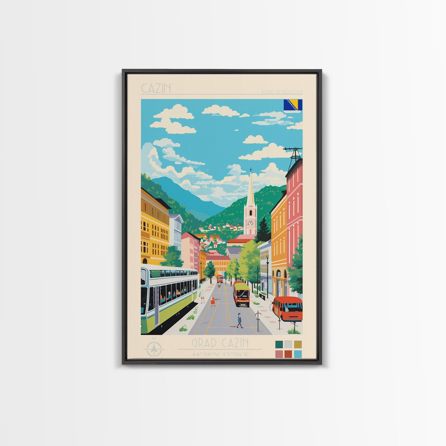 Cazin Bosnia and Herzegovina Travel Poster Framed Canvas Print, Midcentury Modern Art, Pop Art Wall Decor, Home Decor, Living Room Art