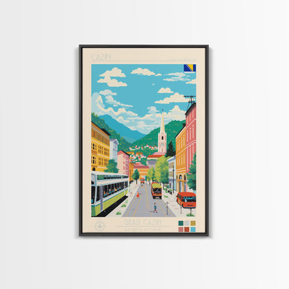 Cazin Bosnia and Herzegovina Travel Poster Framed Canvas Print, Midcentury Modern Art, Pop Art Wall Decor, Home Decor, Living Room Art