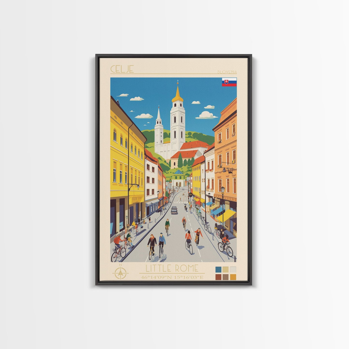 Celje Slovenia Travel Poster Framed Canvas Print, Midcentury Modern Art, Pop Art Wall Decor, Scenic Wall Art, Living Room Art