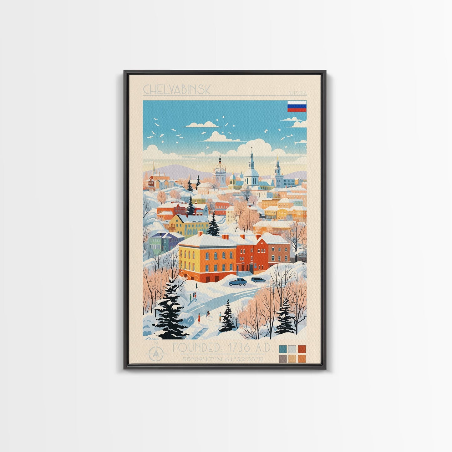 Chelyabinsk Russia Travel Poster Framed Canvas Print, Midcentury Modern Art, Pop Art Wall Decor, Home Decor, Vacation Gift, Living Room Art