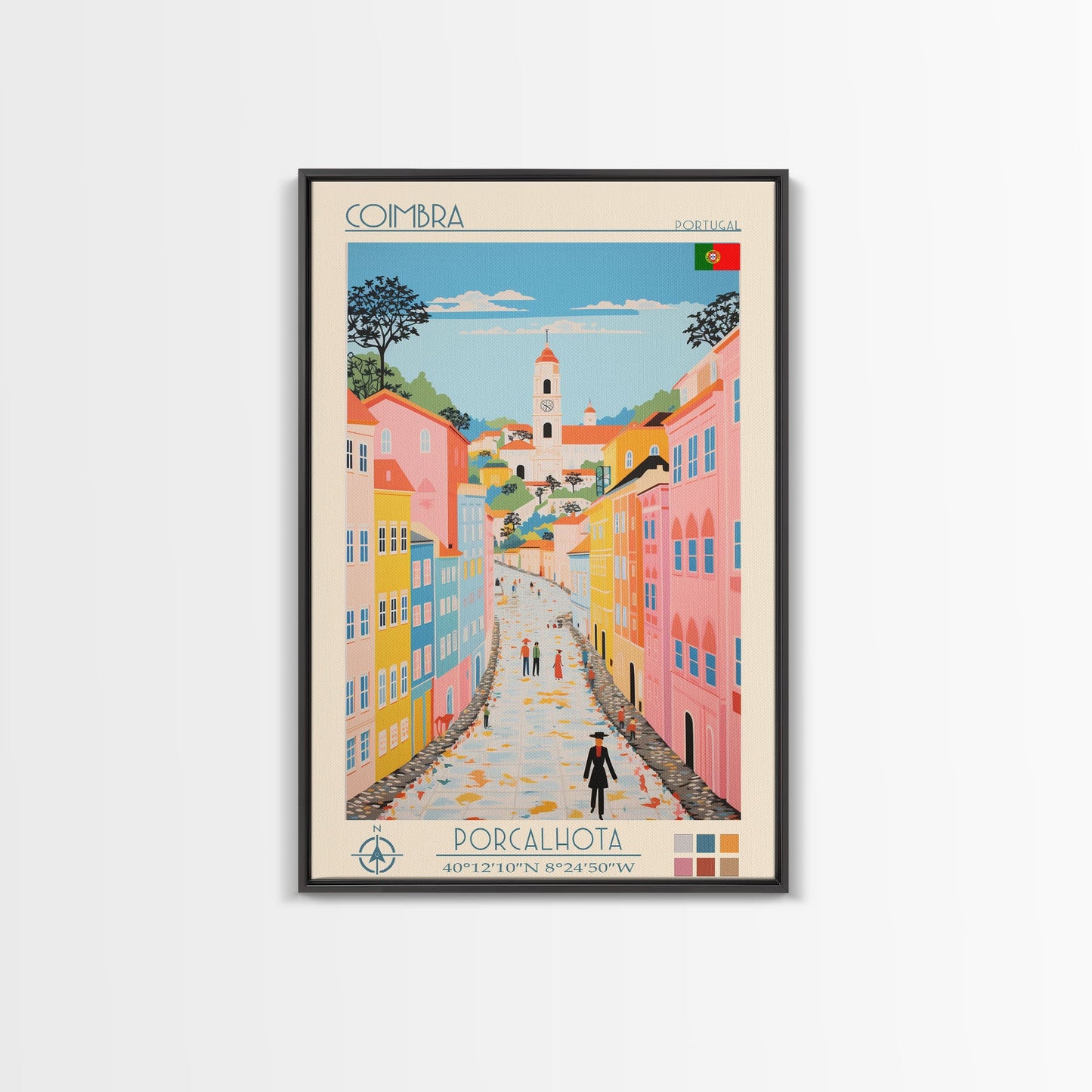 Coimbra Portugal Travel Poster Framed Canvas Print, Midcentury Modern Art, Pop Art Wall Decor, Home Decor, Vacation Gift, Living Room Art