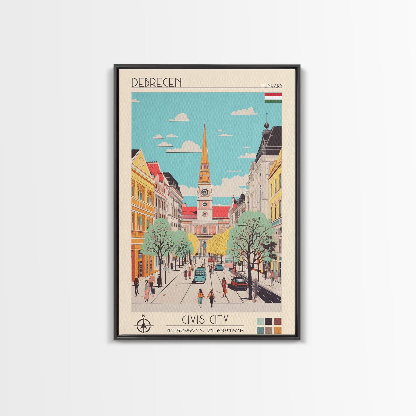 Debrecen Hungary Travel Poster Framed Canvas Print, Midcentury Modern Art, Pop Art Wall Decor, Home Decor, Vacation Gift, Living Room Art