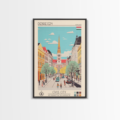 Debrecen Hungary Travel Poster Framed Canvas Print, Midcentury Modern Art, Pop Art Wall Decor, Home Decor, Vacation Gift, Living Room Art