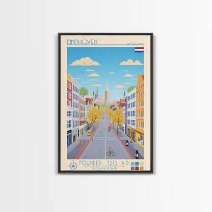 Eindhoven Netherlands Travel Poster Framed Canvas Print, Midcentury Modern Art, Pop Art Wall Decor, Scenic Living Room Art, Bedroom Gift