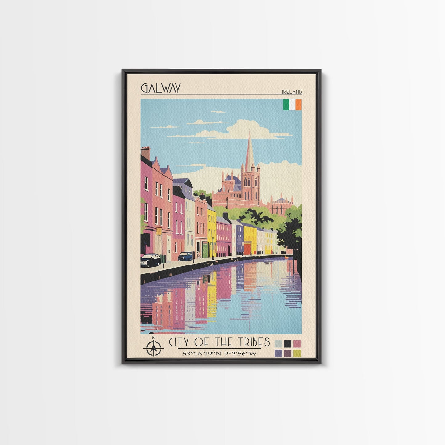Galway Ireland Travel Poster Framed Canvas Print, Midcentury Modern Art, Pop Art Wall Decor, Scenic Bedroom Art, Office Decoration