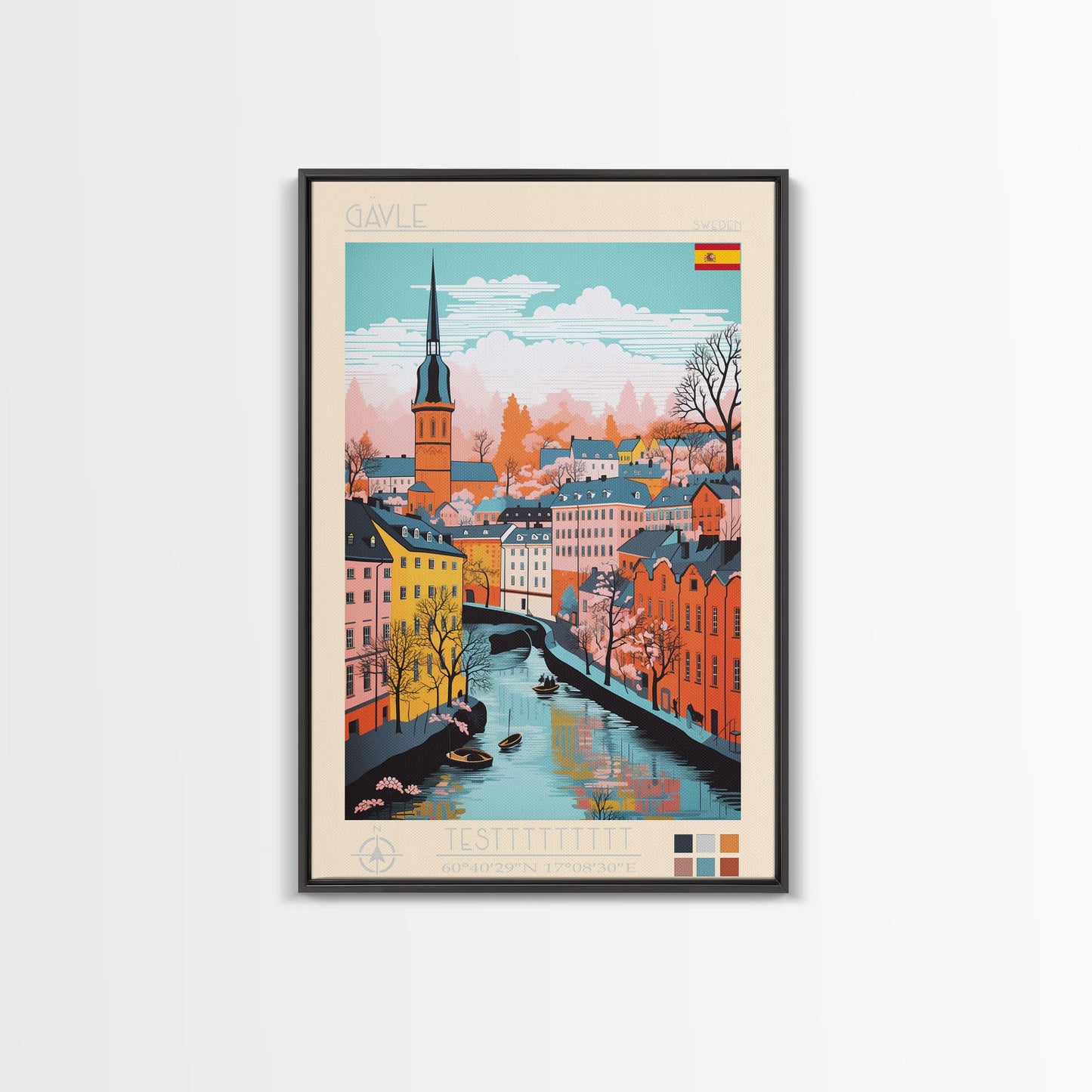 Gävle Sweden Travel Poster Framed Canvas Print, Midcentury Modern Art, Pop Art Wall Decor, Scenic Wall Art, Bedroom Decoration