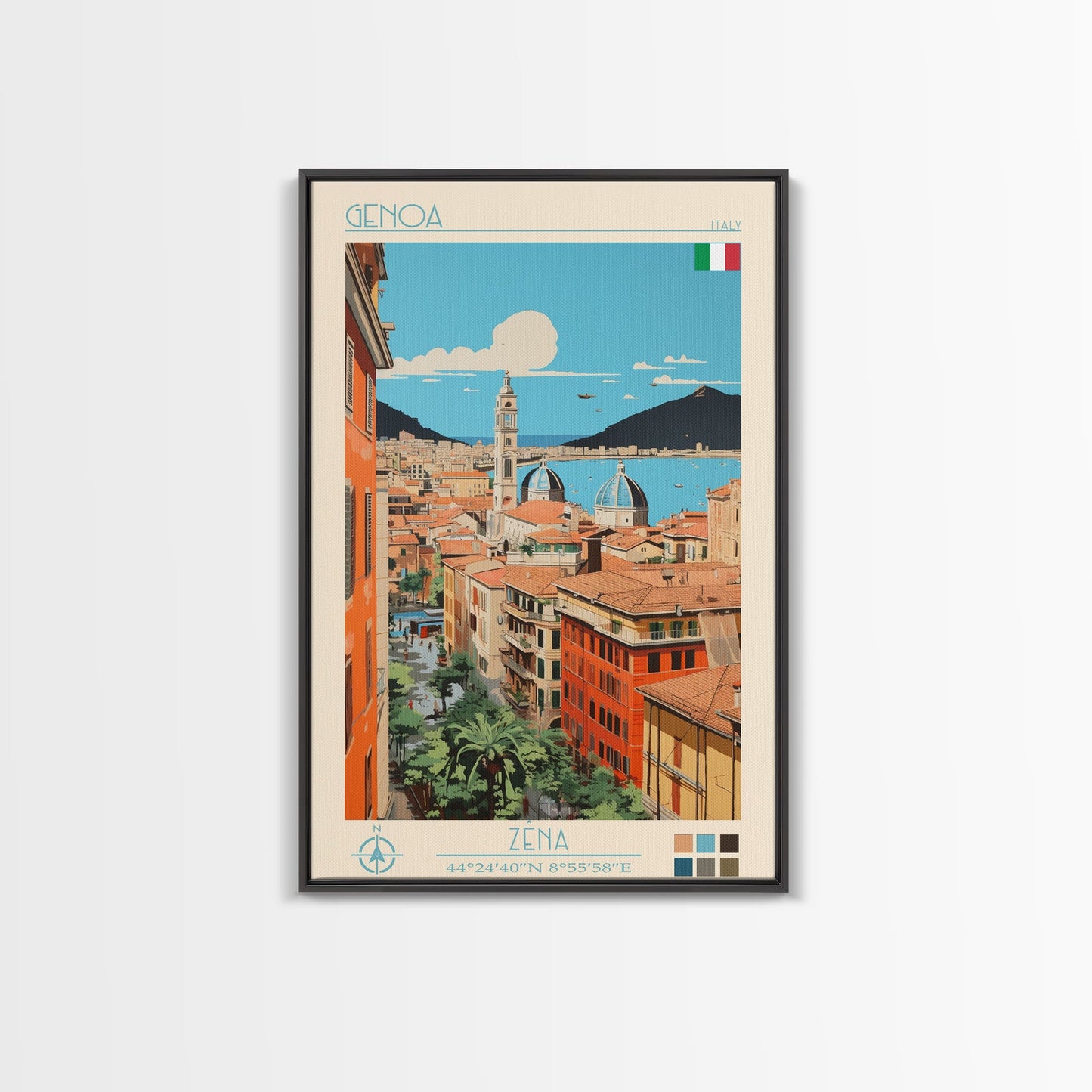 Genoa Italy Travel Poster Framed Canvas Print, Midcentury Modern Art, Pop Art Wall Decor, Scenic Wall Art, Living Room Decoration, Office Gift